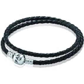 Pandora Moments Double Black Leather Bracelet #590705CBK-D1, 35cm