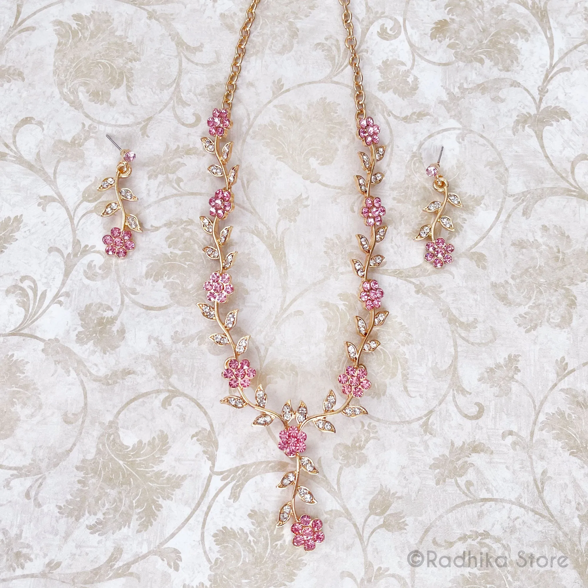 Pink Crystal-Vrindavan Flower Vine- Rhinestone Deity Necklace And Earring Set