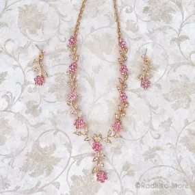 Pink Crystal-Vrindavan Flower Vine- Rhinestone Deity Necklace And Earring Set