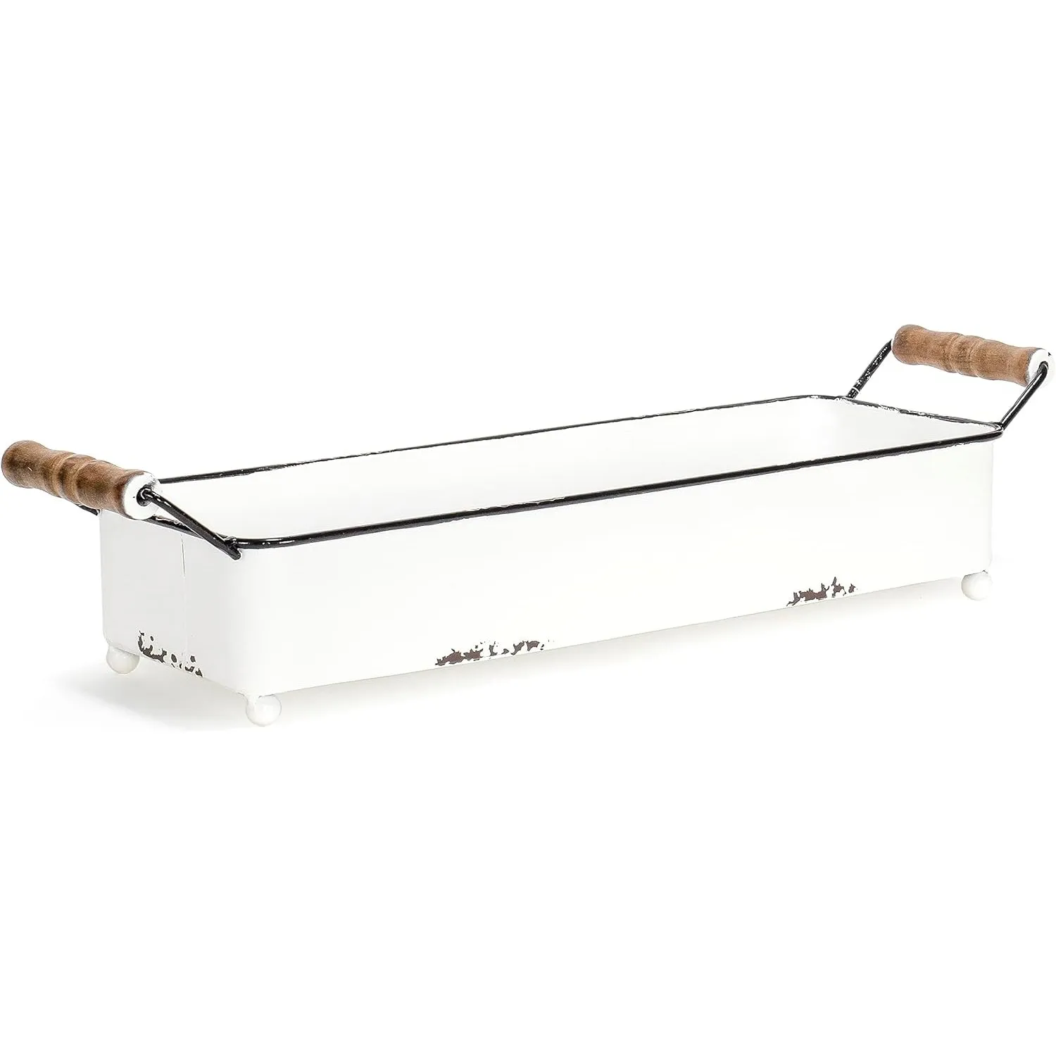 Red Co. 19.5" x 4.5" Enamelware Metal Serving Tray with Wooden Handles, Distressed White/Black Rim