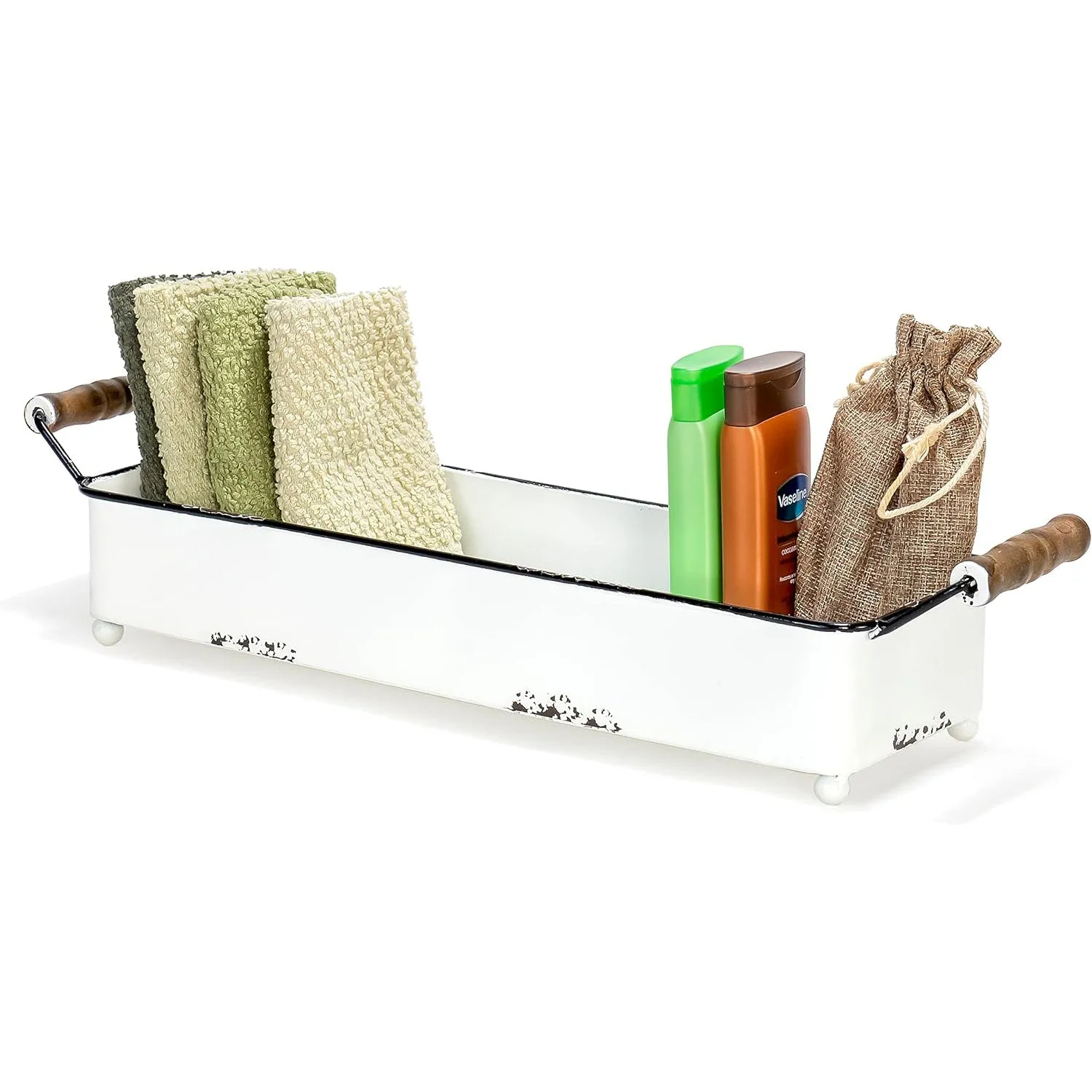 Red Co. 19.5" x 4.5" Enamelware Metal Serving Tray with Wooden Handles, Distressed White/Black Rim