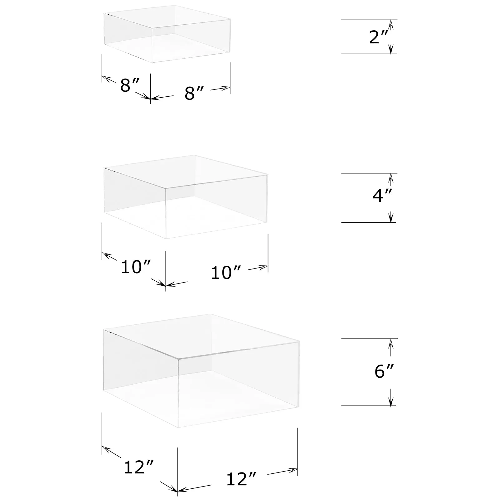 Red Co. Set of 3 (12", 10", 8") Square Cube Acrylic Display Nesting Risers with Hollow Bottoms