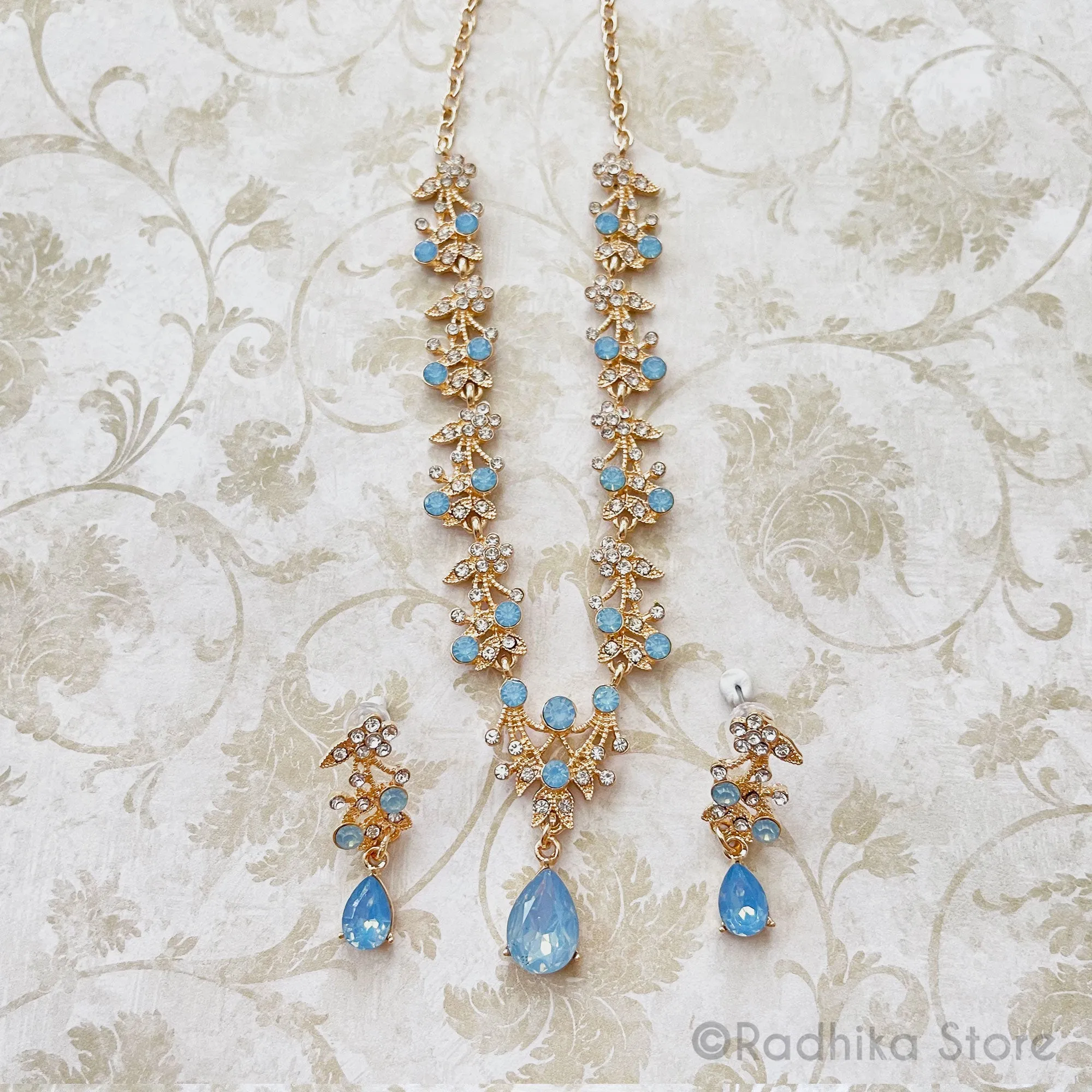 Vrindavan Dew Drops-Rhinestone Deity Necklace And Earring Set-Krishna Blue